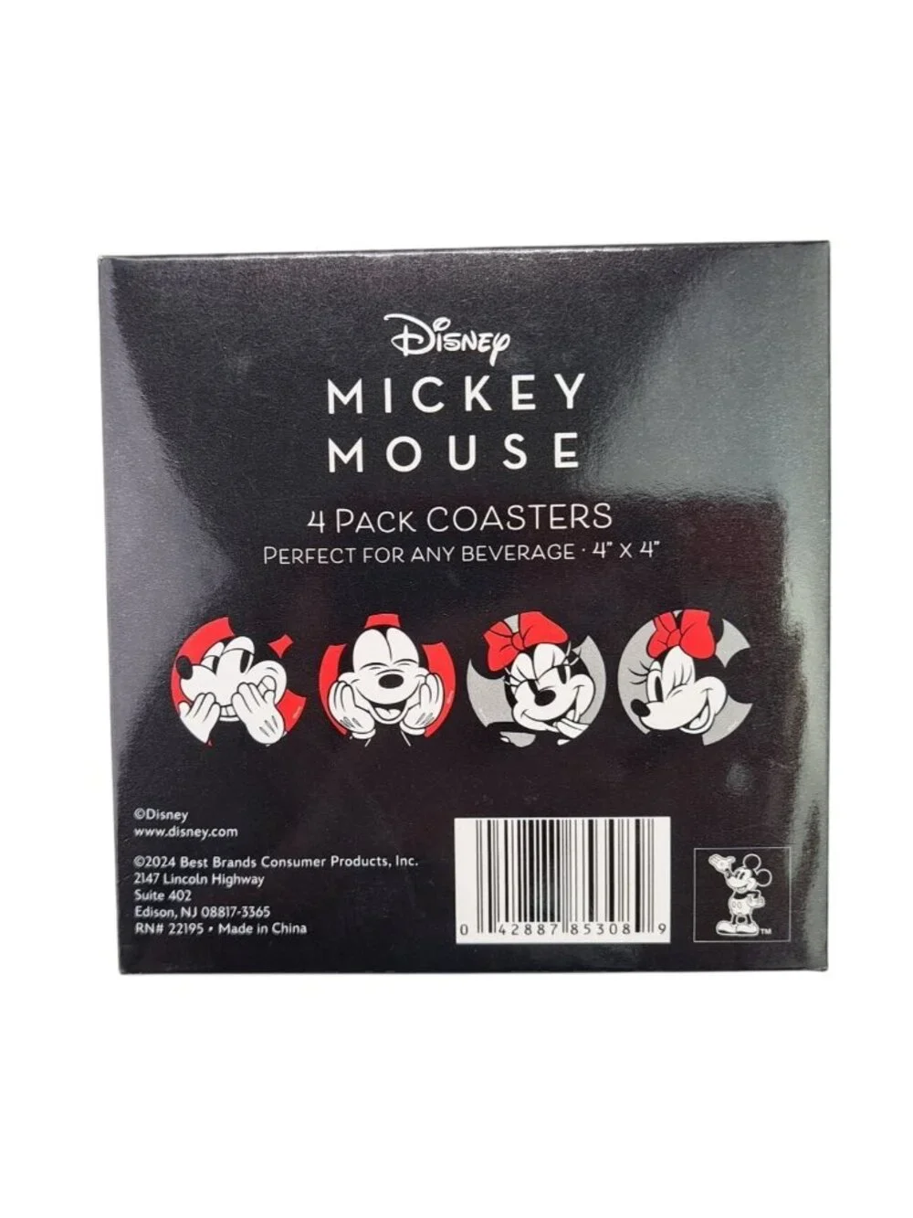 Disney Mickey Mouse Minnie Drink Coasters 4 Pack Beverage Red Black Gray New